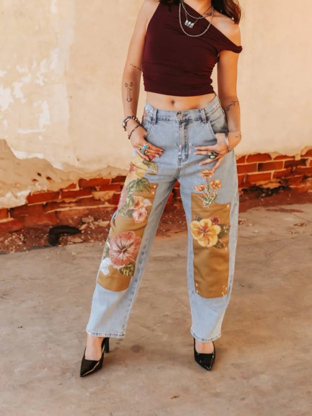 New! The “Flora” Patchwork Flower Appliqué Barrel Leg Denim Jeans